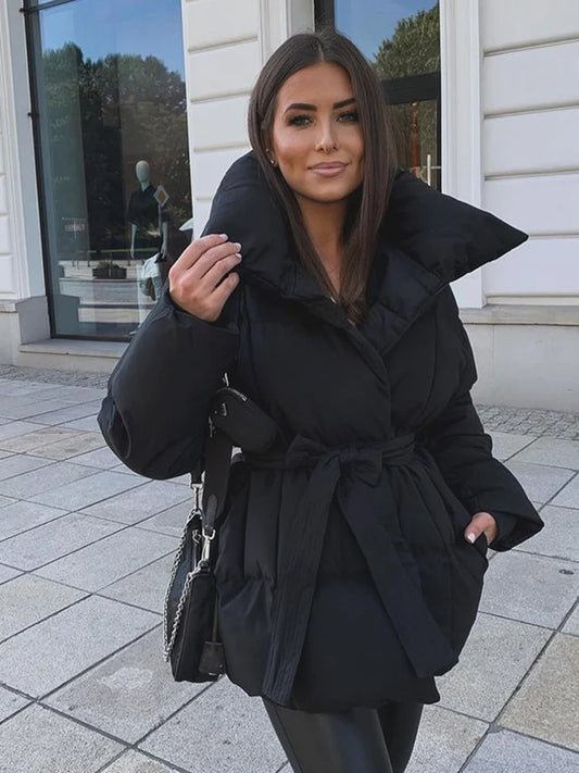 Women's Cotton-Filled Coat with Lapel Tie and Waist Cinching