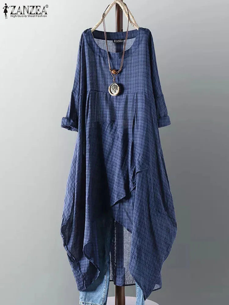 Zanzea Vintage Plaid Midi Dress - Long Sleeve - Women's Casual Dress