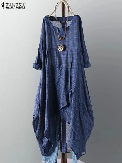 Zanzea Vintage Plaid Midi Dress - Long Sleeve - Women's Casual Dress