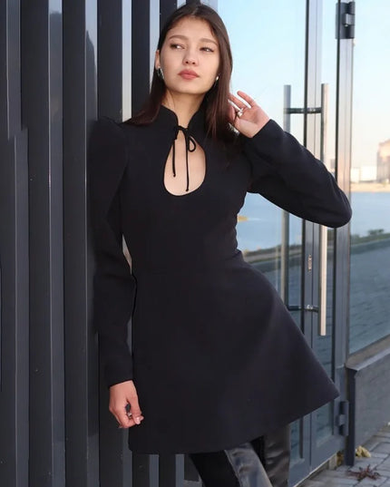 Chic Black Lace-Up Mini Dress with Puff Sleeves and Stand Collar for Women