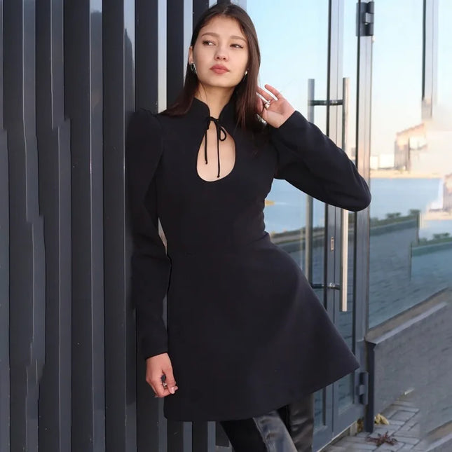 Chic Black Lace-Up Mini Dress with Puff Sleeves and Stand Collar for Women