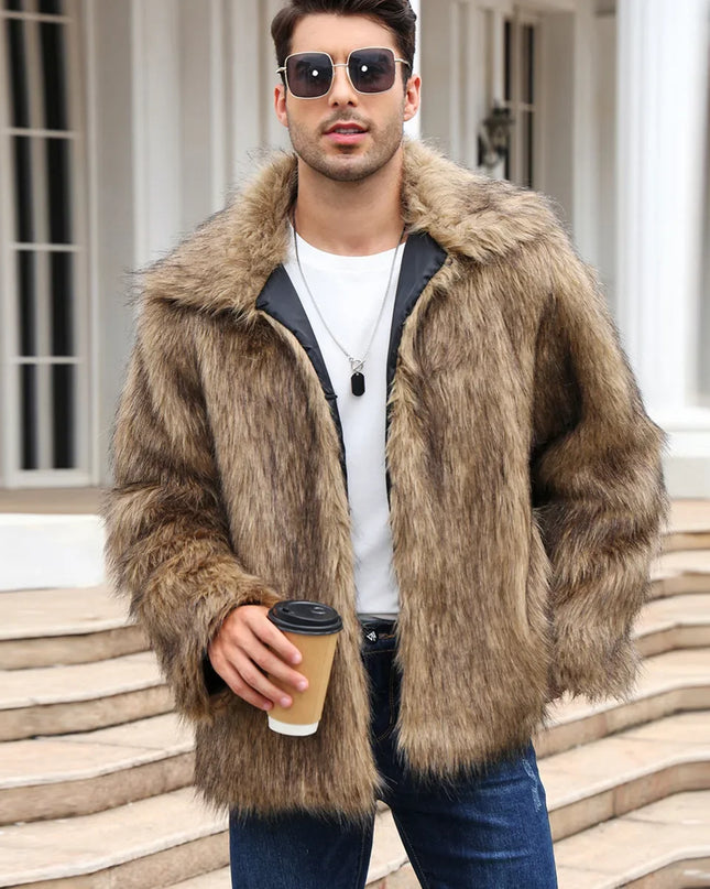 Men's Thick Fluffy Faux Fur Coat with Long Sleeves