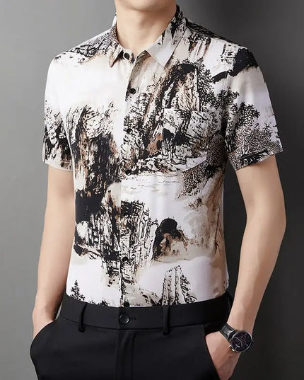 Men's Slim Fit Short Sleeve Floral Print Casual Button-Down Shirt