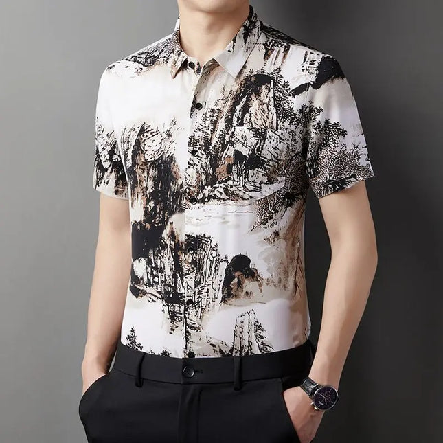 Men's Slim Fit Short Sleeve Floral Print Casual Button-Down Shirt