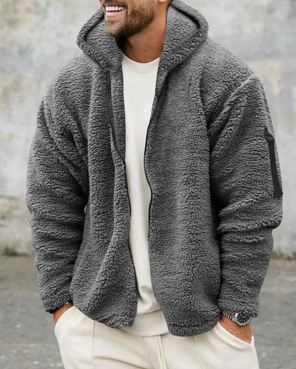 Men's Warm Plush Hooded Cardigan - Long Sleeve