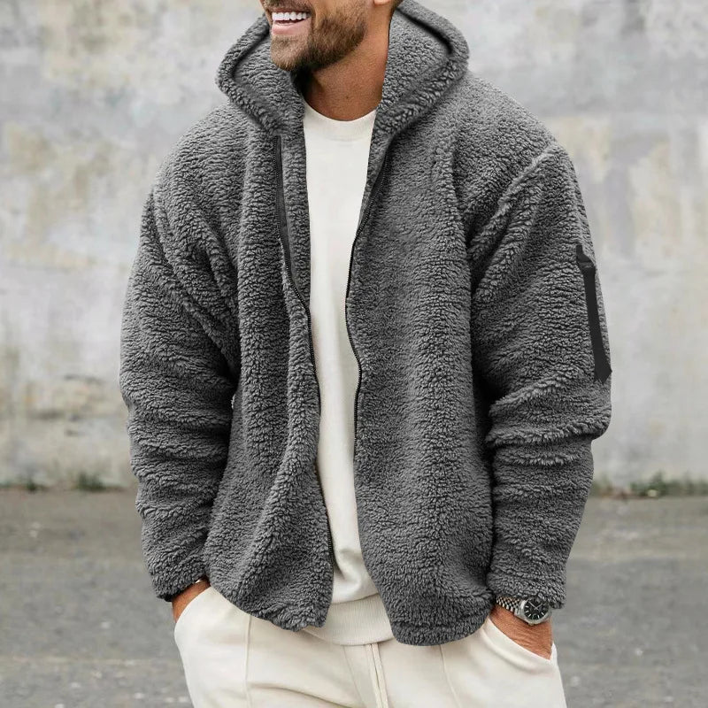 Men's Warm Plush Hooded Cardigan - Long Sleeve
