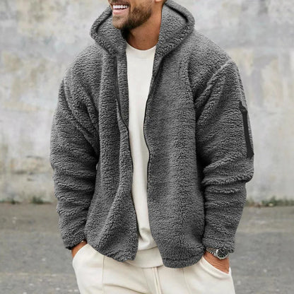 Men's Warm Plush Hooded Cardigan - Long Sleeve