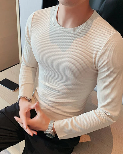 Slim Fit Striped Long Sleeve Sweater with Round Neck - Various Colors