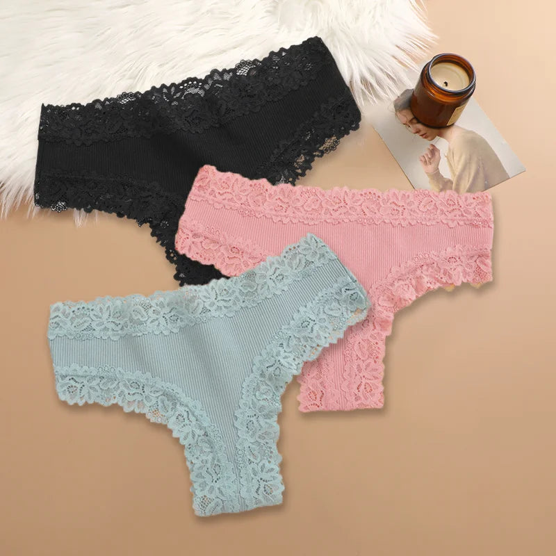 Set of 3 Women's Cotton Lace Panties - Floral Print & Trendy Patchwork Briefs
