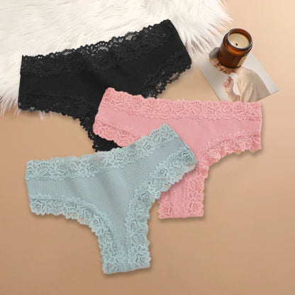 Set of 3 Women's Cotton Lace Panties - Floral Print & Trendy Patchwork Briefs