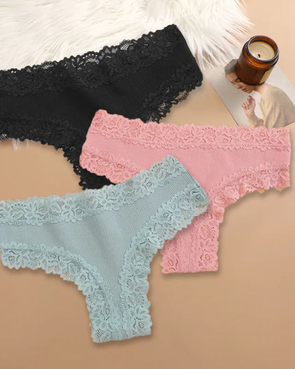 Set of 3 Women's Cotton Lace Panties - Floral Print & Trendy Patchwork Briefs