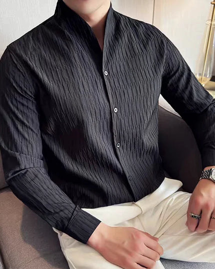 Men’s Slim-Fit Long-Sleeve Shirt with Stand Collar, Textured Fabric, and Embroidery