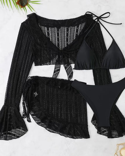 Women's Four-Piece Long-Sleeve Cover-Up Swimwear Set - Stylish Bikini & Beach Cover-Up