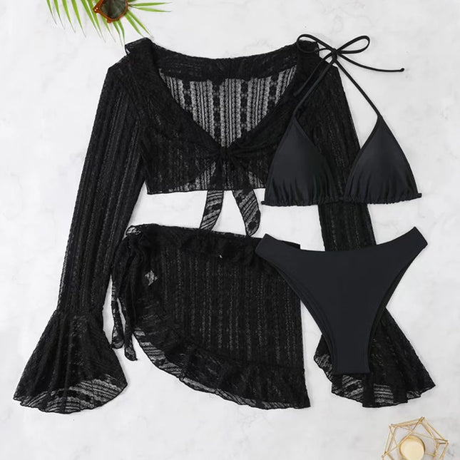 Women's Four-Piece Long-Sleeve Cover-Up Swimwear Set - Stylish Bikini & Beach Cover-Up