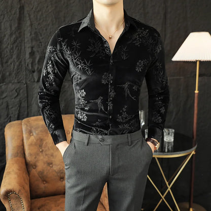 Luxury Velvet Shirt for Men - Slim Fit Casual Floral Design