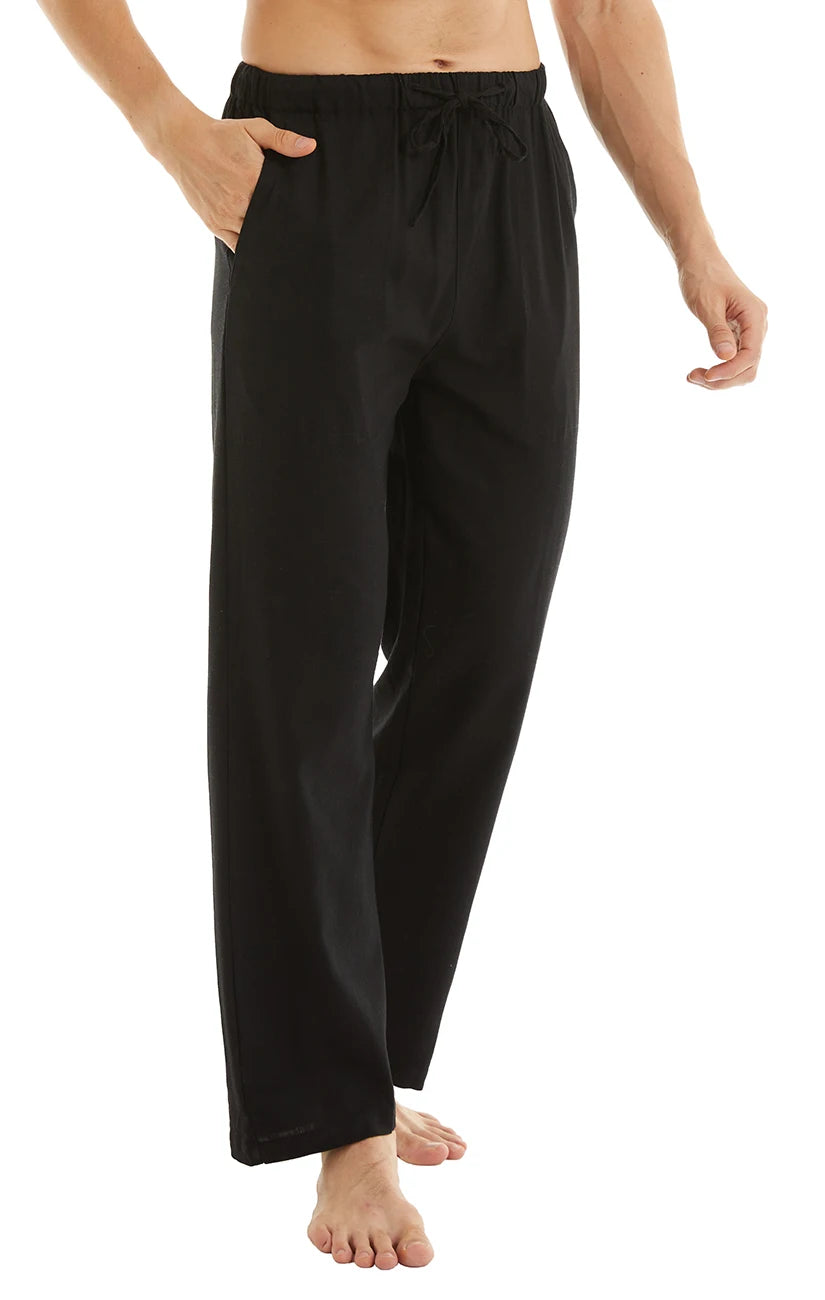 Men's Casual Linen Cotton  Pants Breathable Loos Elastic Waist