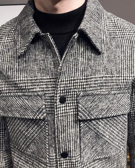 Slim Fit Men’s Polo Neck Jacket with Checkered Pattern and Multiple Pockets