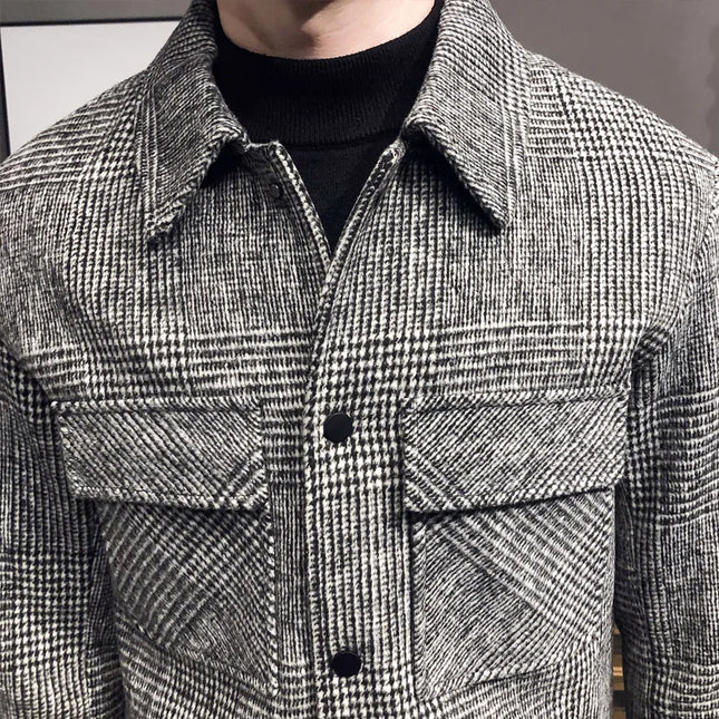 Slim Fit Men’s Polo Neck Jacket with Checkered Pattern and Multiple Pockets