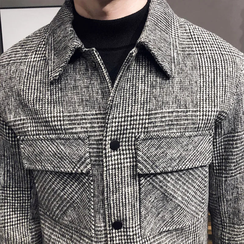Slim Fit Men’s Polo Neck Jacket with Checkered Pattern and Multiple Pockets