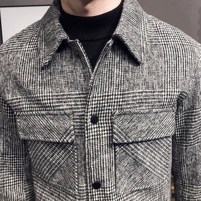 Slim Fit Men’s Polo Neck Jacket with Checkered Pattern and Multiple Pockets