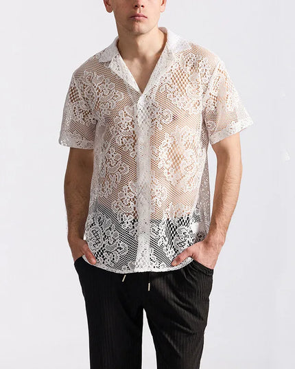 Men's Short Sleeve Mesh Lace Knit Shirt