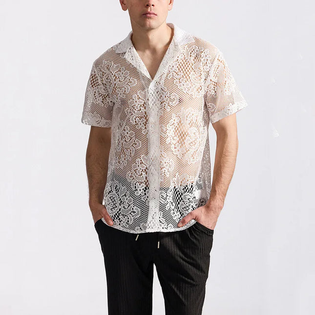 Men's Short Sleeve Mesh Lace Knit Shirt