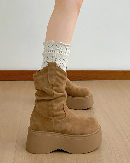 Chunky Platform Ankle Boots for Women - Thick Sole, Round Toe, Slip-On Design