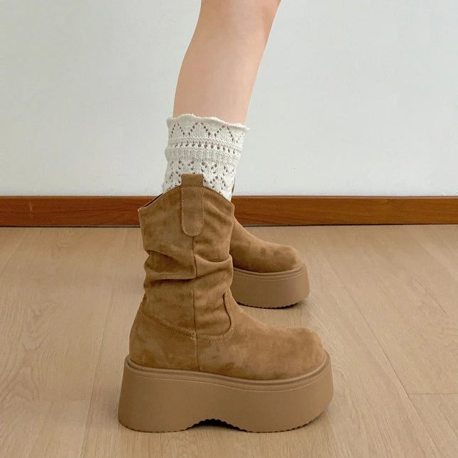 Chunky Platform Ankle Boots for Women - Thick Sole, Round Toe, Slip-On Design
