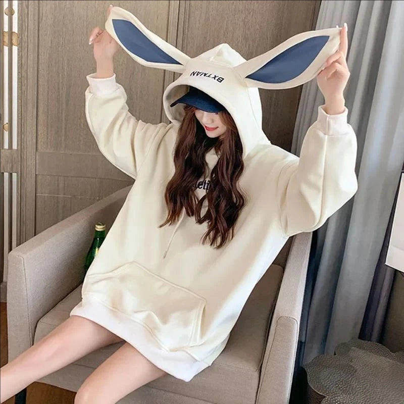 Women’s Fleece Thicken Hooded Pullover Sweater with Rabbit Ear Design