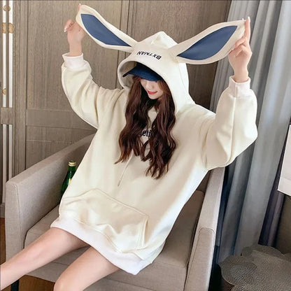 Women’s Fleece Thicken Hooded Pullover Sweater with Rabbit Ear Design