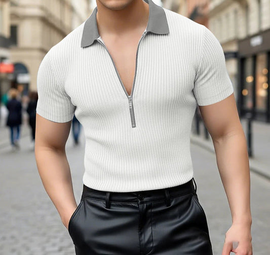 Incerun Men's Knitted T-Shirt with Lapel, Short Sleeve, and Zipper