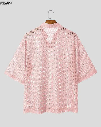 Incerun Men's Hollow Out V-Neck Short Sleeve T-Shirt - See-Through Loose Fit
