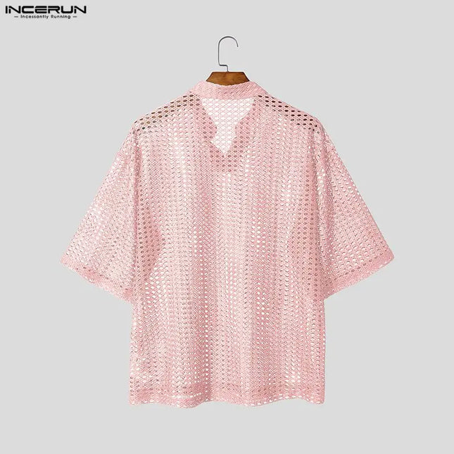 Incerun Men's Hollow Out V-Neck Short Sleeve T-Shirt - See-Through Loose Fit