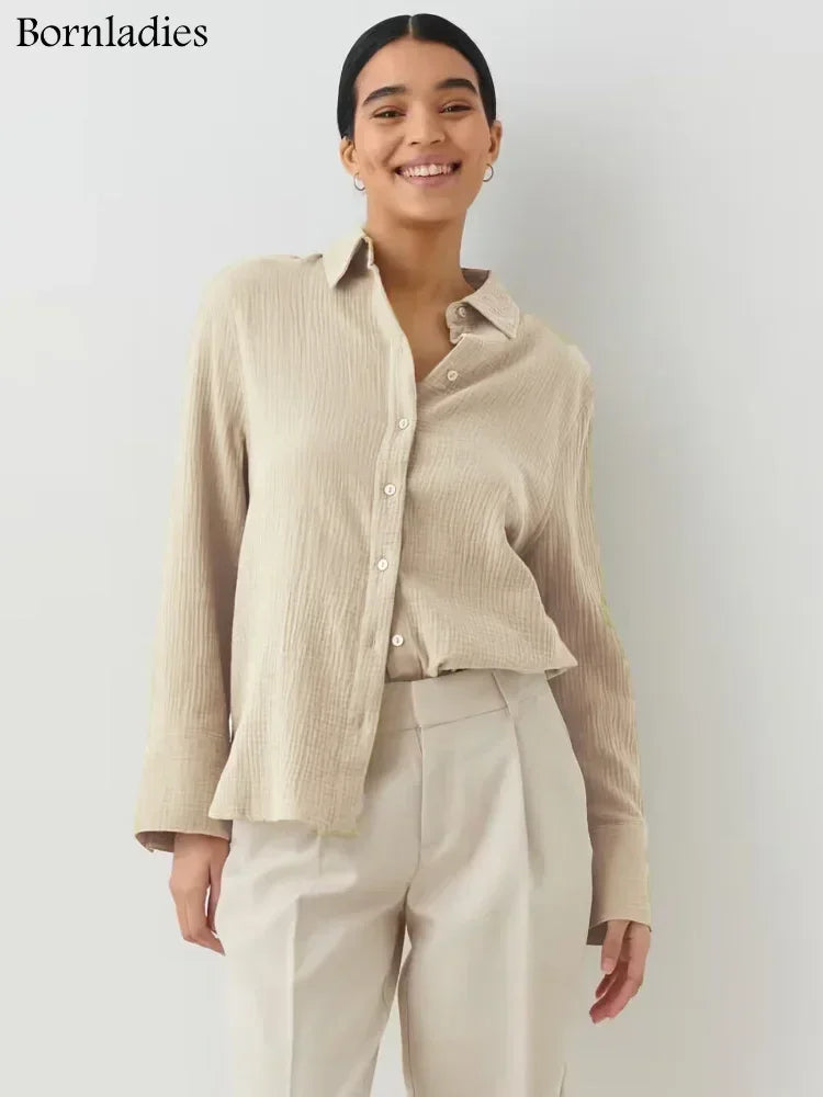 Women's Loose-Fit Long Sleeve Cotton Shirt - Various Colors