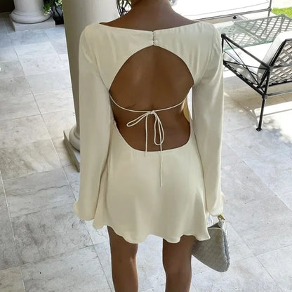 Women's Backless Satin Dress - Lace-Up Long Sleeve