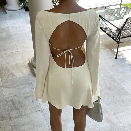 Women's Backless Satin Dress - Lace-Up Long Sleeve
