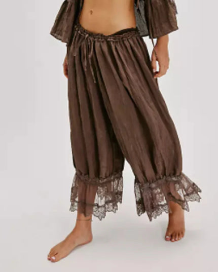 Women's Floral Lace Loose Fit Cropped Pants - High Waist Drawstring Calf-Length Lantern Bloomers