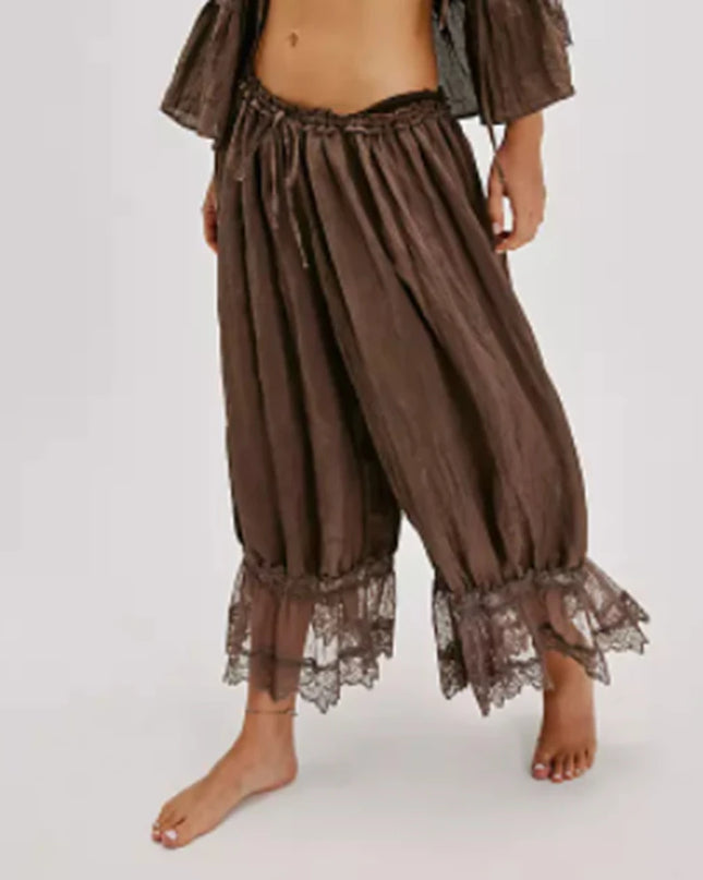 Women's Floral Lace Loose Fit Cropped Pants - High Waist Drawstring Calf-Length Lantern Bloomers