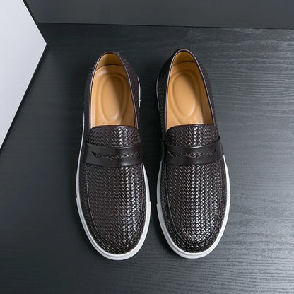 Men's Slip-On Loafers - Soft Leather Shoes with Elegant Weave Pattern
