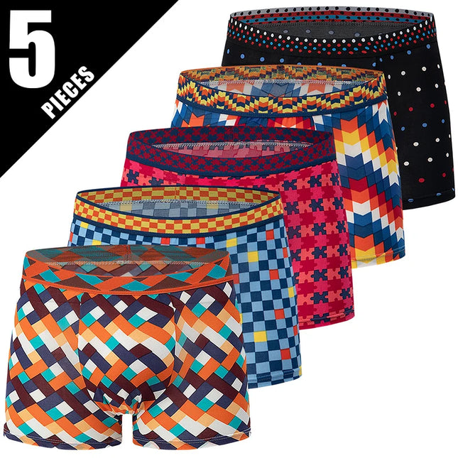 4/5-Piece Men's Colorful Patterned Casual Boxer Shorts, Comfortable Elastic Waist