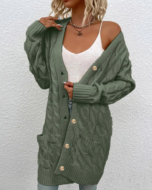 Women's Twisted Knit Long Cardigan with Single Button - Vintage Style