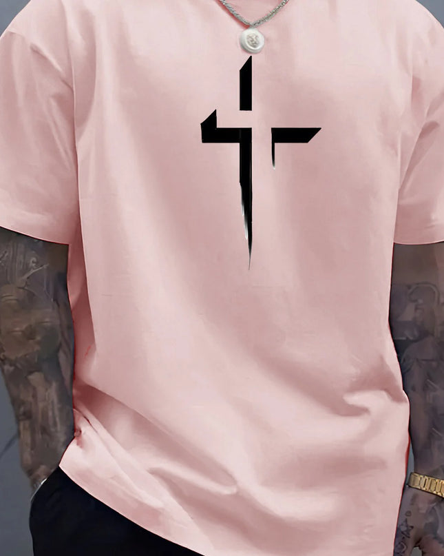 Men's 100% Cotton Casual Loose Fit Cross Print Round Neck T-Shirt