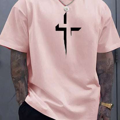 Men's 100% Cotton Casual Loose Fit Cross Print Round Neck T-Shirt