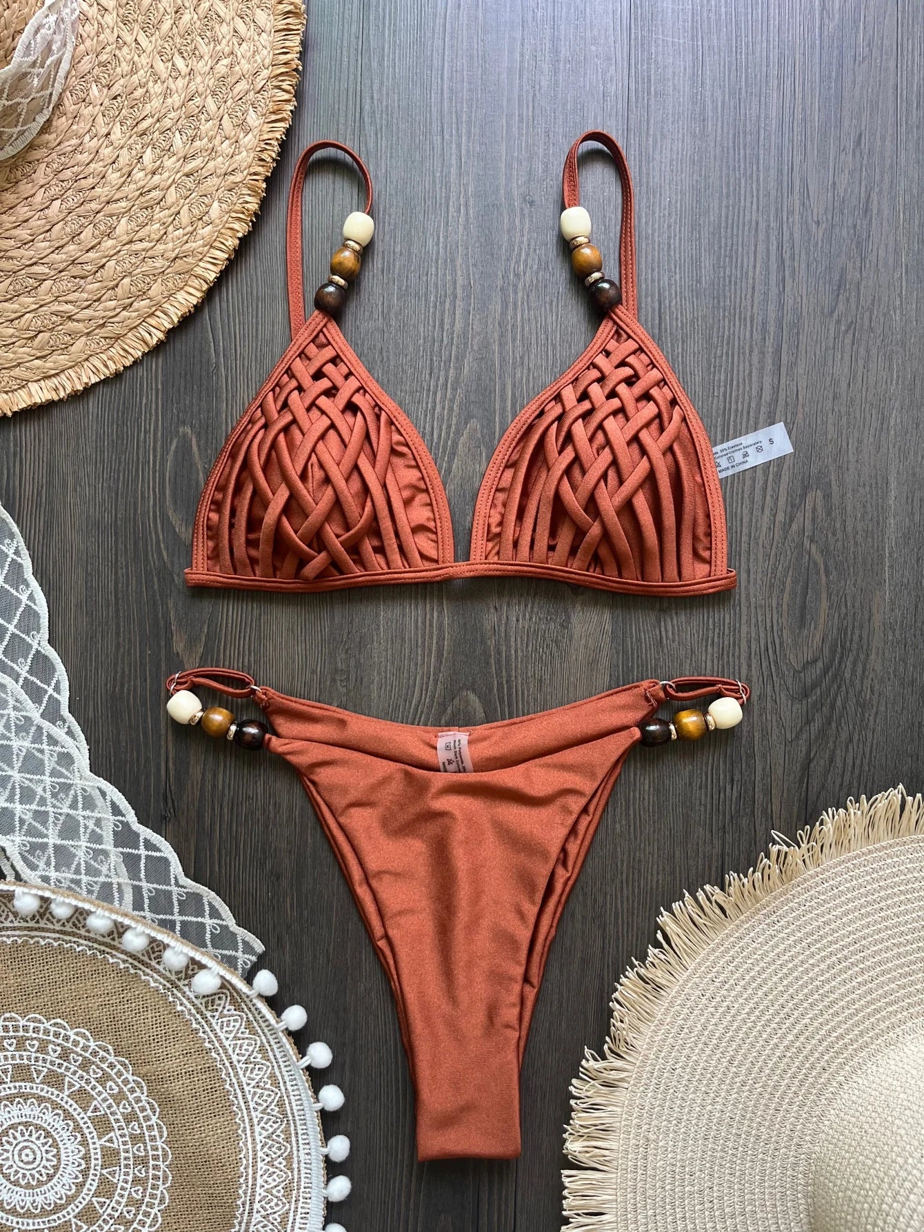 Women's Pearl Strap Bikini with Push-Up Top and Hole Out Design