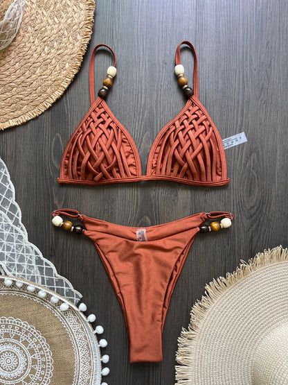 Women's Pearl Strap Bikini with Push-Up Top and Hole Out Design