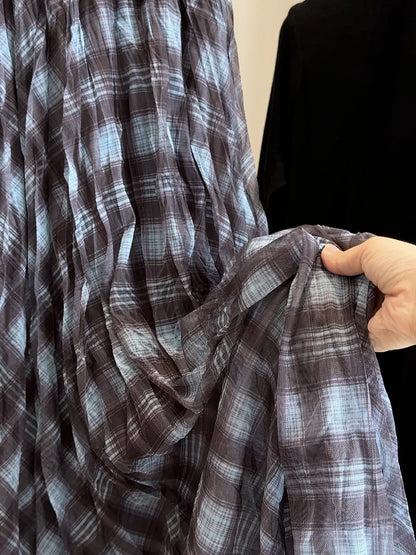 High-Waisted Mesh Splicing Plaid Midi Skirt for Women - Drape, Pleated, Loose Fit