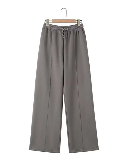 TRAFZA Women's 2-Piece Retro Zipper Jacket & High-Waisted Lace-Up Loose Pants Set