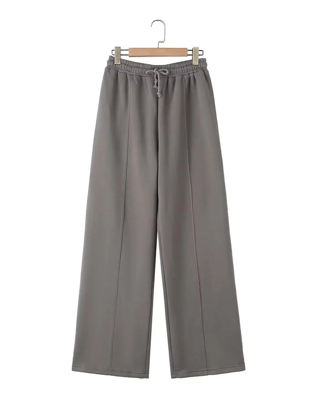 TRAFZA Women's 2-Piece Retro Zipper Jacket & High-Waisted Lace-Up Loose Pants Set