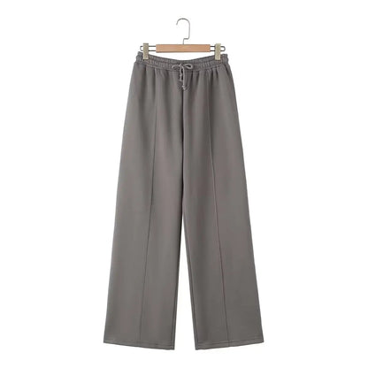 TRAFZA Women's 2-Piece Retro Zipper Jacket & High-Waisted Lace-Up Loose Pants Set