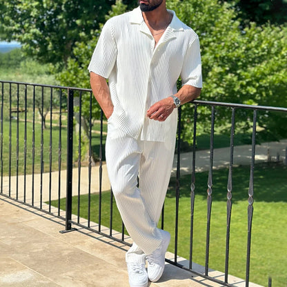 Men's Casual Two-Piece Set - Loose Fit Button-Open Shirt & Breathable, Lightweight Pants